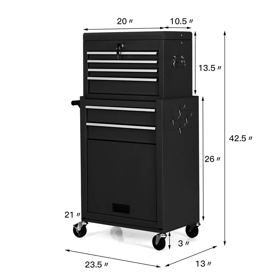 2 in 1 Rolling Steel Storage Tool Box w/6 Drawers & Wheels