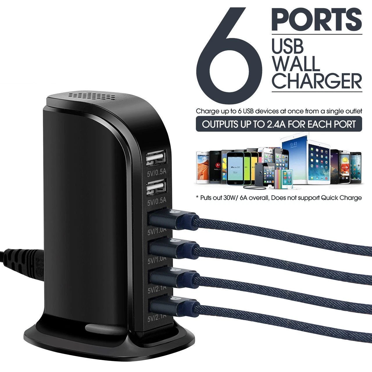 30W Multi 6 Port USB Charger Rapid Charging Station