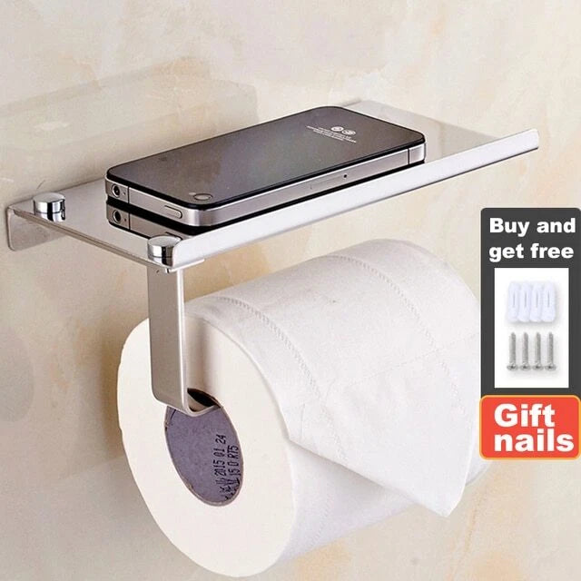 Toilet Paper Holder with Mobile Phone Storage Shelf Holders Wall Mounted Rack