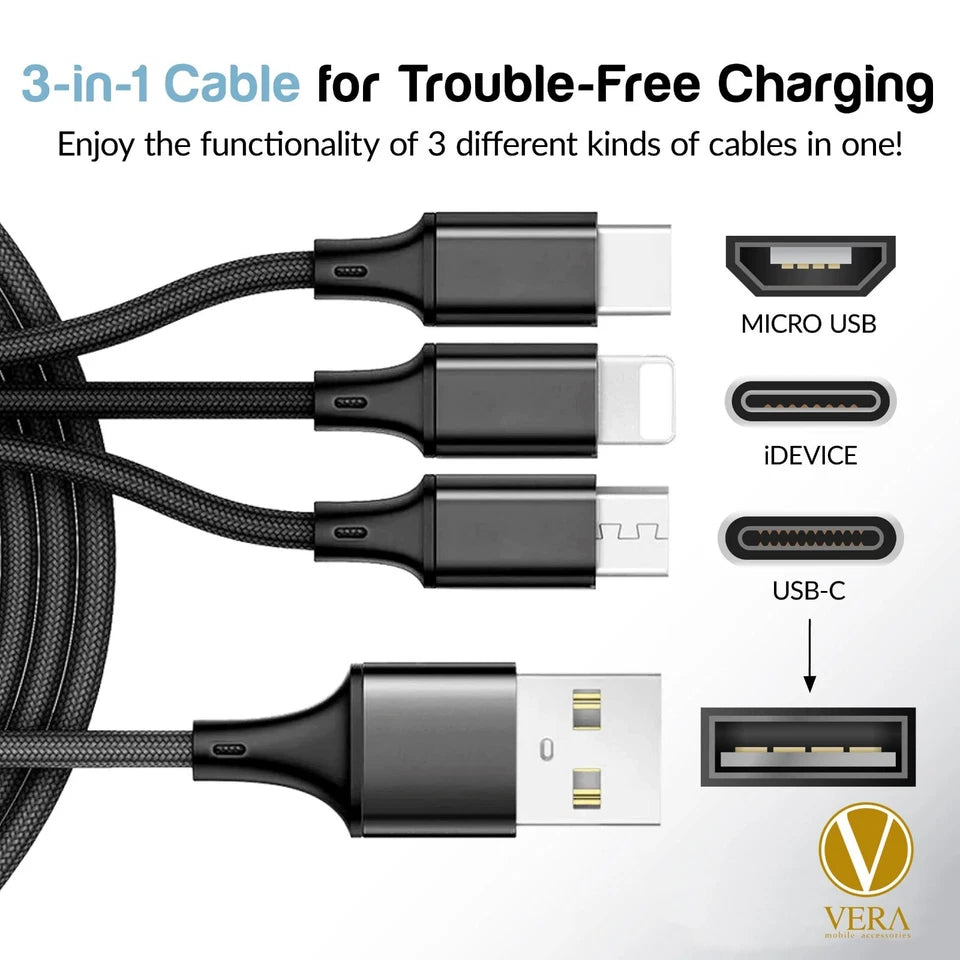 Universal 3 in 1 Fast USB Charging Cable Multi Function Cell Phone Charger Cord