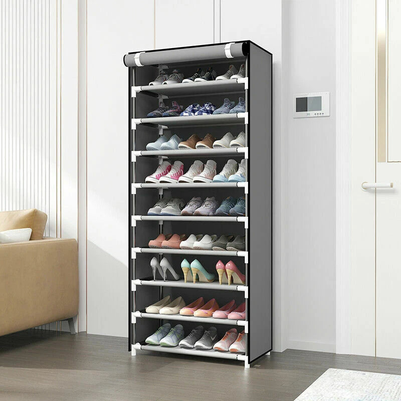 10 Tier Shoe Rack Closet Cabinet Storage with Cover Black