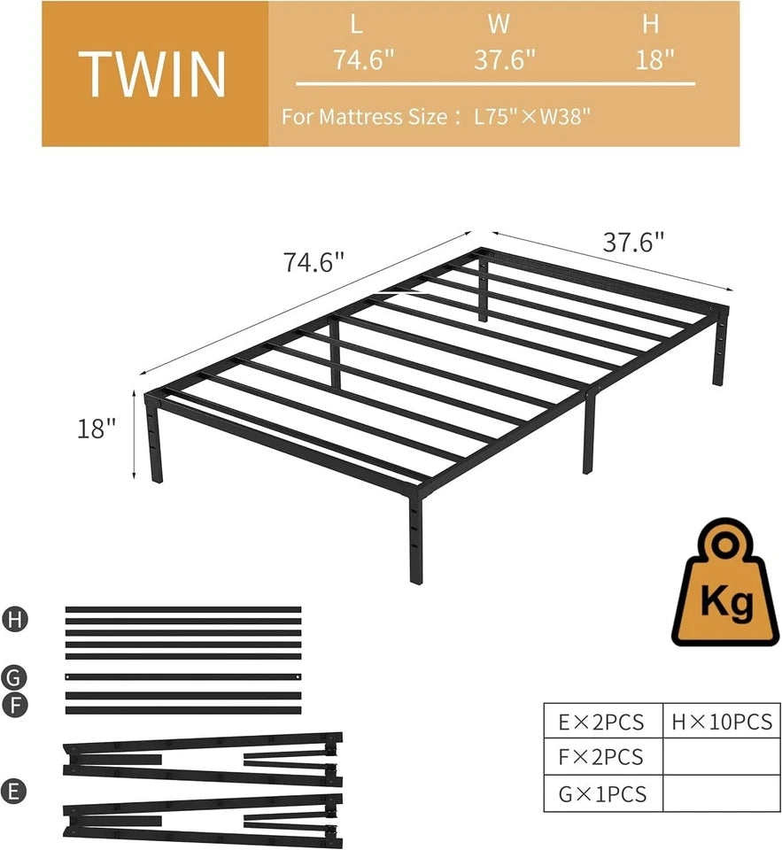 18" Bed Frame Twin Size Heavy Duty Metal Platform No Box Spring Needed