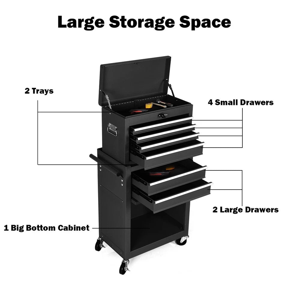 2 in 1 Rolling Steel Storage Tool Box w/6 Drawers & Wheels
