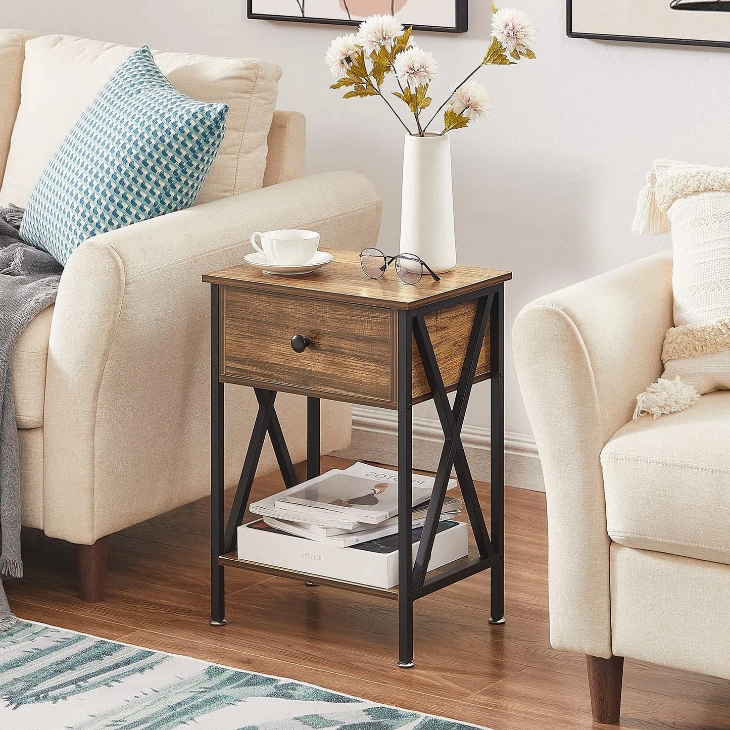 Set of 2 Modern Nightstands with Drawer & Shelf for Bedroom or Living Room
