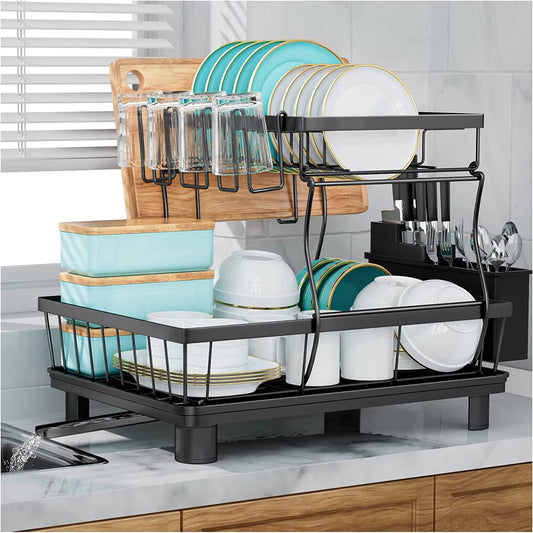 2 Tier Dish Drainer Rack Stainless Steel Kitchen Storage Space Saver NEW