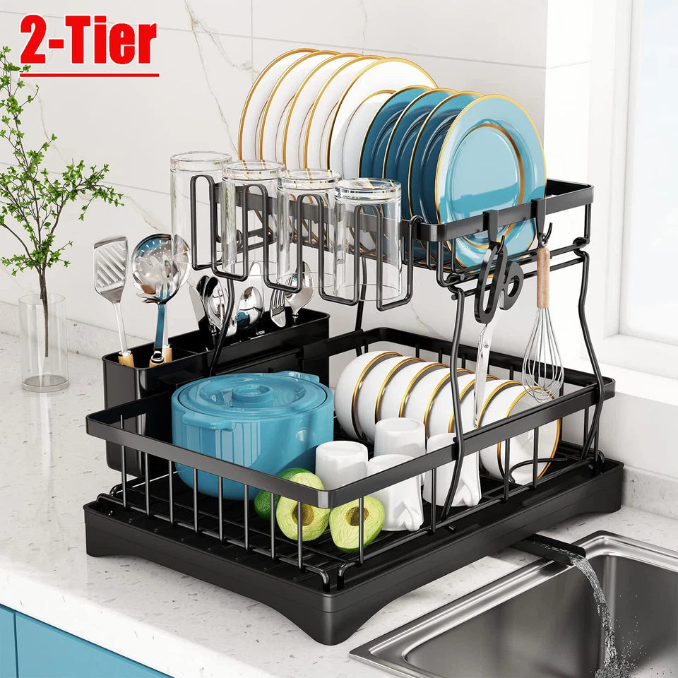 2 Tier Dish Drainer Rack Stainless Steel Kitchen Storage Space Saver NEW