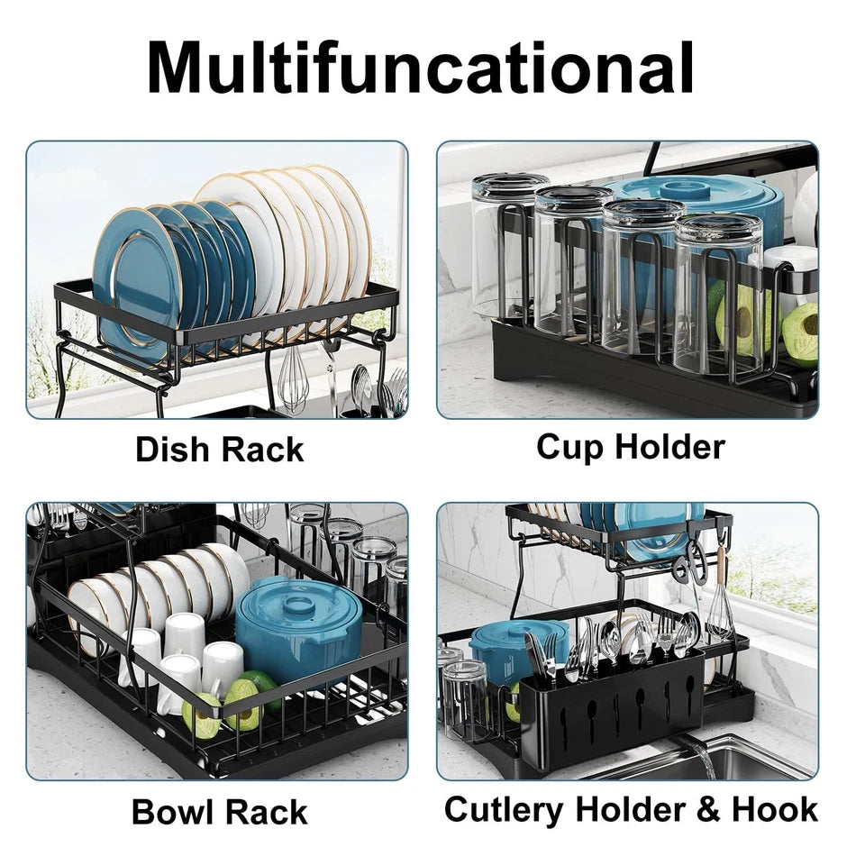 2 Tier Dish Drainer Rack Stainless Steel Kitchen Storage Space Saver NEW