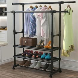 Heavy-duty metal clothes organizer rack with rolling wheels, portable garment storage stand
