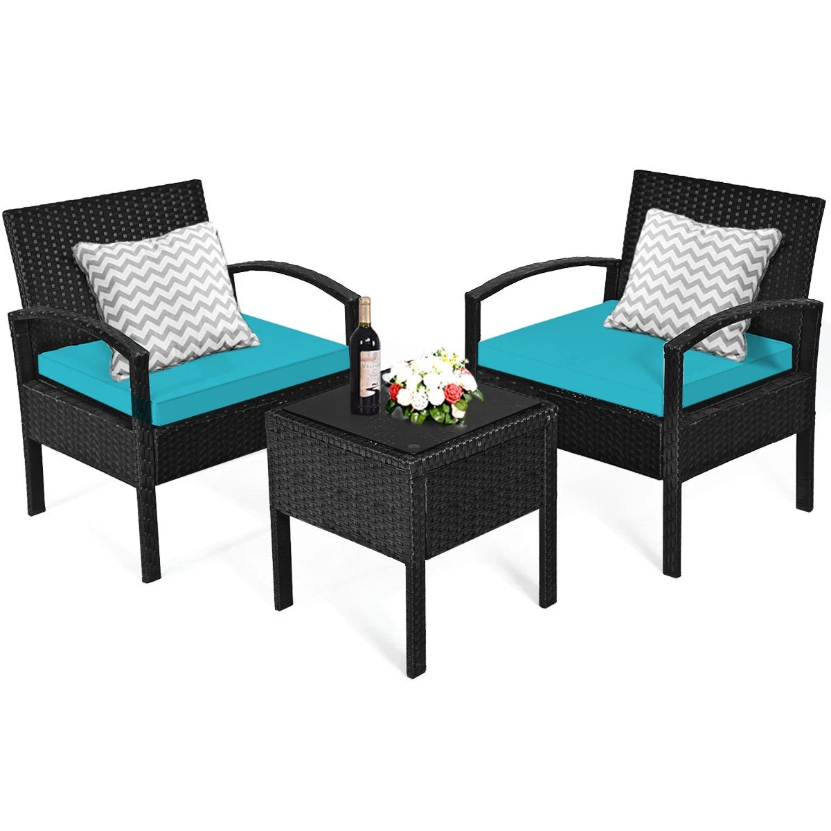 3 PCS Patio Rattan Furniture Set Patio joy Conversation Sofa Cushioned Turquoise