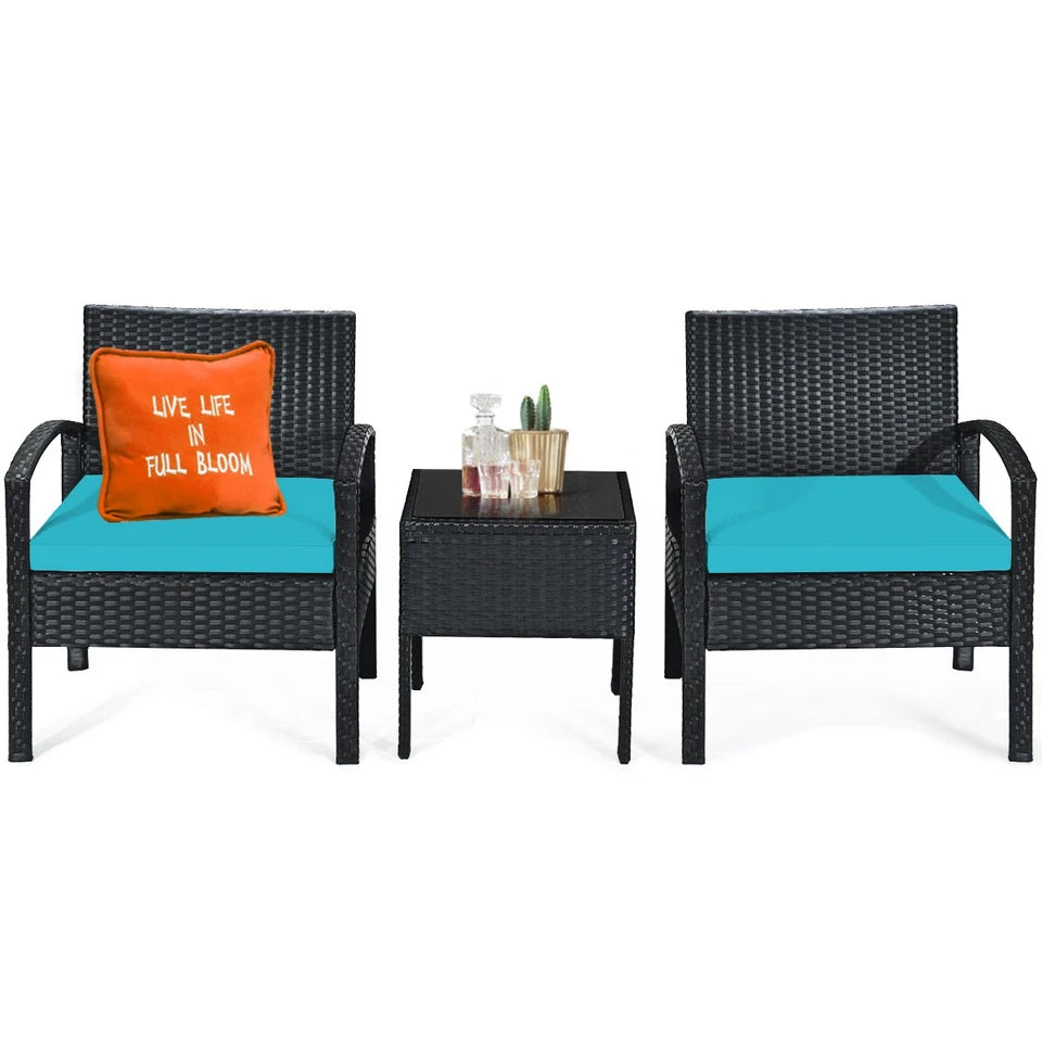 3 PCS Patio Rattan Furniture Set Patio joy Conversation Sofa Cushioned Turquoise