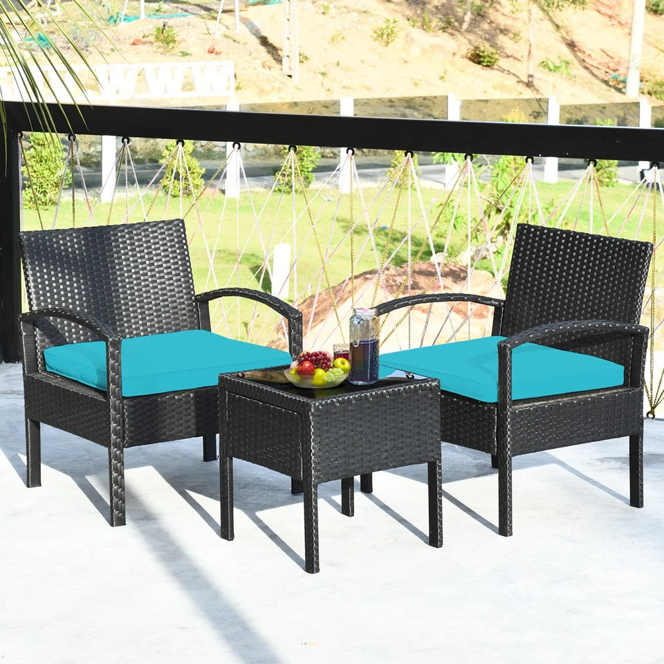 3 PCS Patio Rattan Furniture Set Patio joy Conversation Sofa Cushioned Turquoise