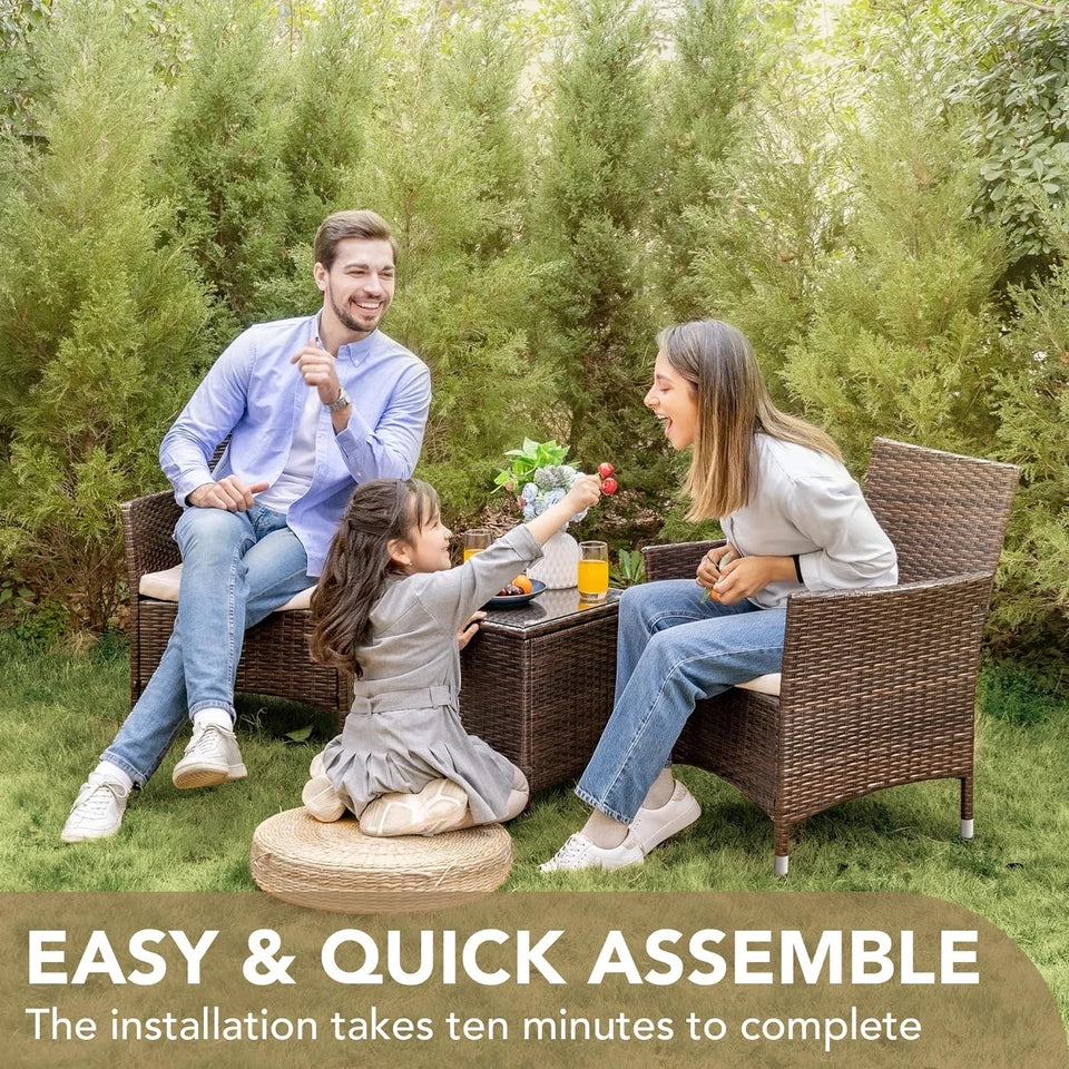 3 Piece Porch  Outdoor Patio Wicker Chairs with Table Furniture Set