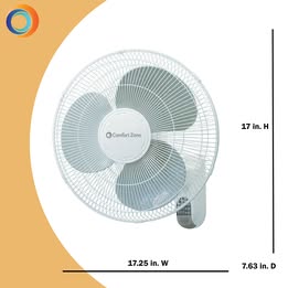 Comfort Zone  16” Quiet 3-Speed Wall Mount Fan with Remote Control