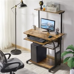 Rolling Computer Desk w/Printer Shelf Keyboard Tray 3 Tier