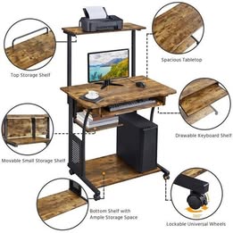 Rolling Computer Desk w/Printer Shelf Keyboard Tray 3 Tier