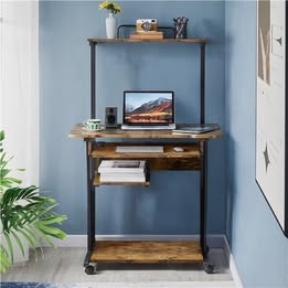 Rolling Computer Desk w/Printer Shelf Keyboard Tray 3 Tier