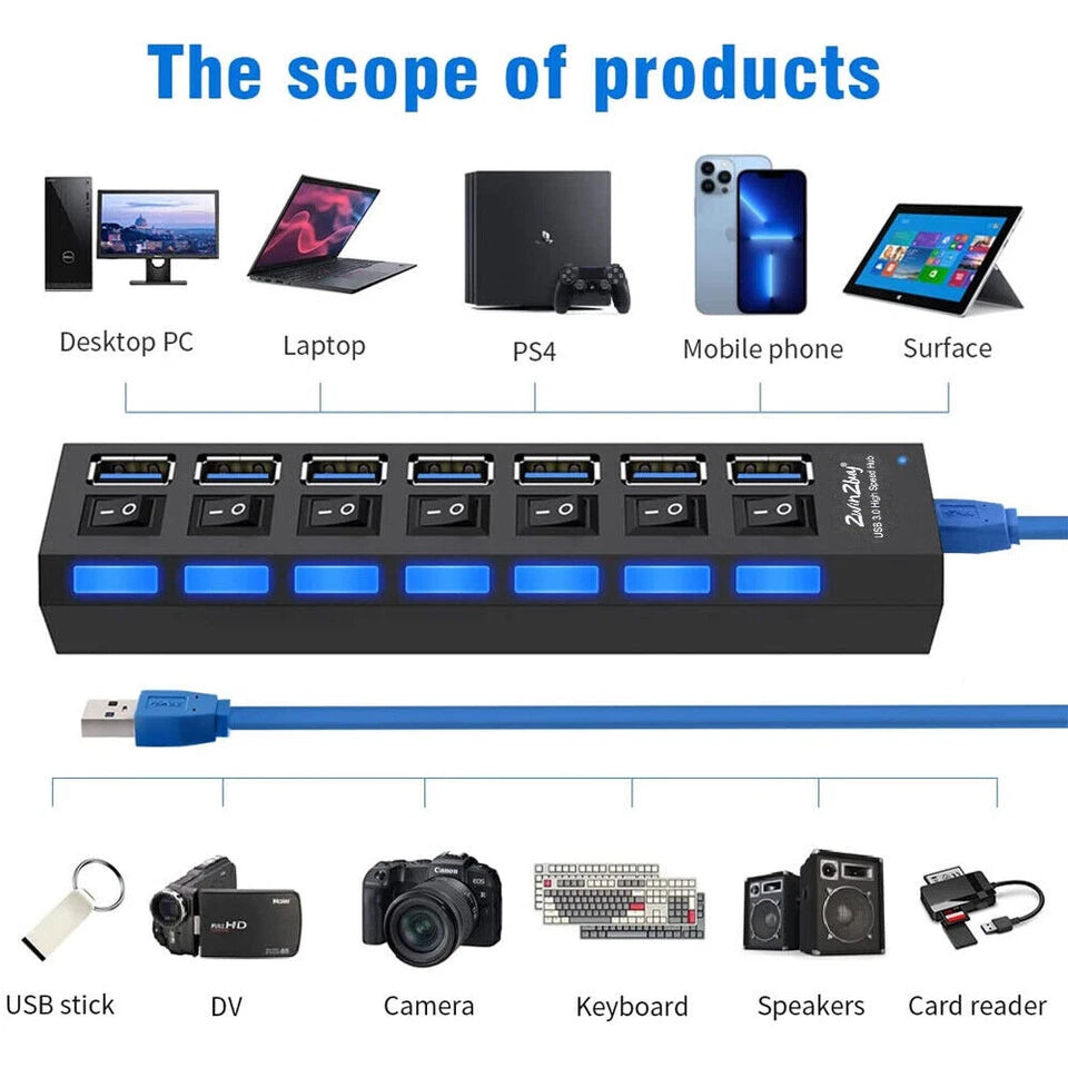 7-Port USB 2.0 Multi Charger with ON/OFF switch