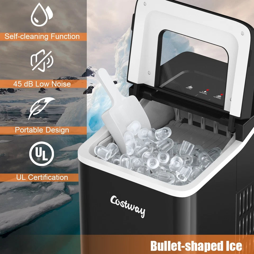 Portable Self-cleaning Ice Maker Countertop 26Lbs/24H w/ Scoop Black