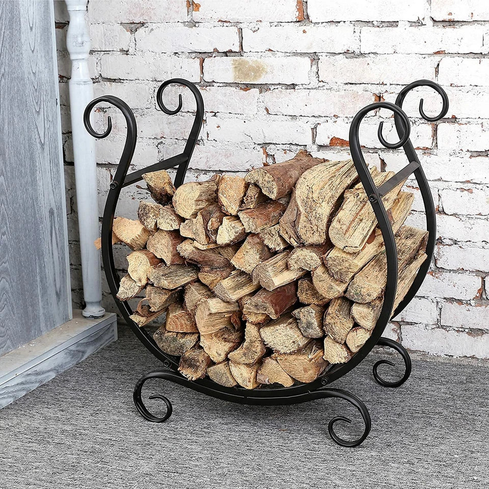 Black Metal Scrollwork Firewood Rack, Freestanding Fireside Storage Log Rack