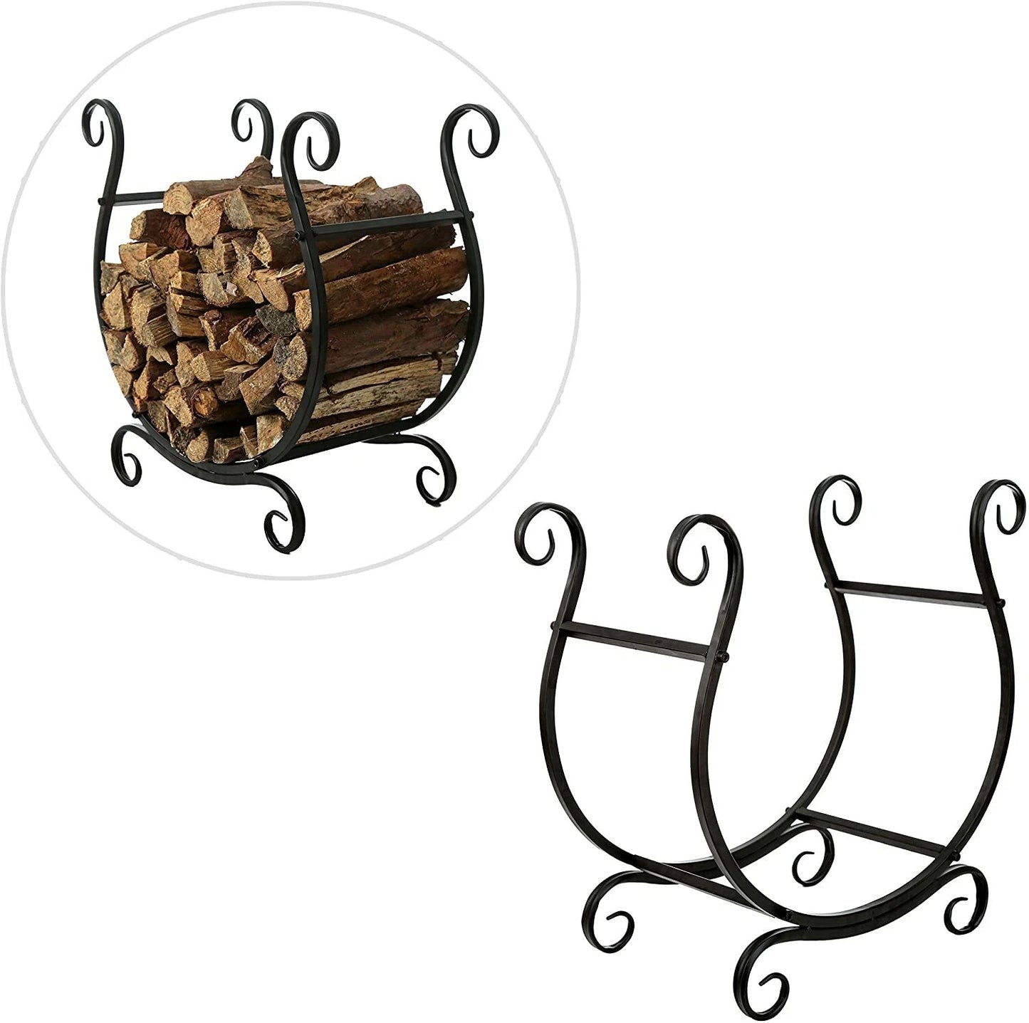 Black Metal Scrollwork Firewood Rack, Freestanding Fireside Storage Log Rack