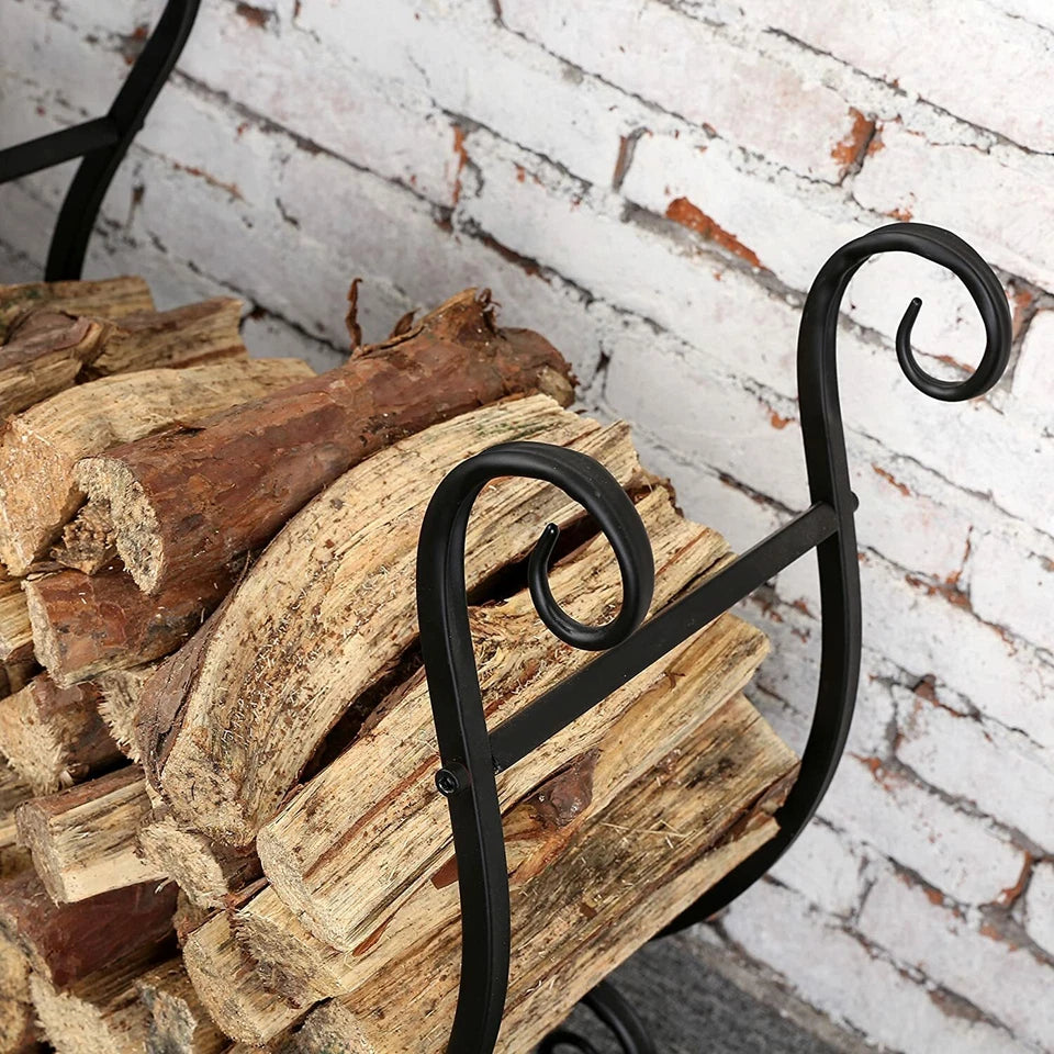 Black Metal Scrollwork Firewood Rack, Freestanding Fireside Storage Log Rack