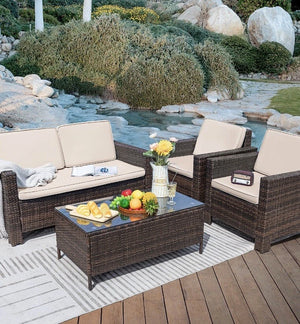 4-piece outdoor patio furniture set with rattan wicker sectional sofa and chairs