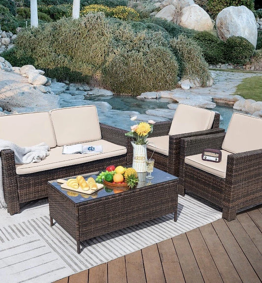 4 Pieces Outdoor Patio Furniture Sets Sectional Sofa Rattan Chair Wicker Set