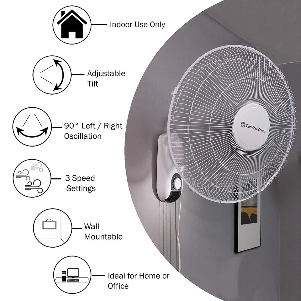 Comfort Zone 16" 3-Speed Oscillating Wall Mounted Fan