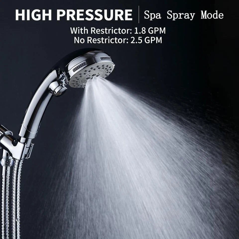 High Pressure 6 Setting Chrome Face Handheld Shower with 5ft Hose