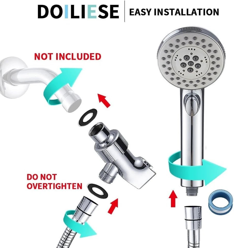 High Pressure 6 Setting Chrome Face Handheld Shower with 5ft Hose
