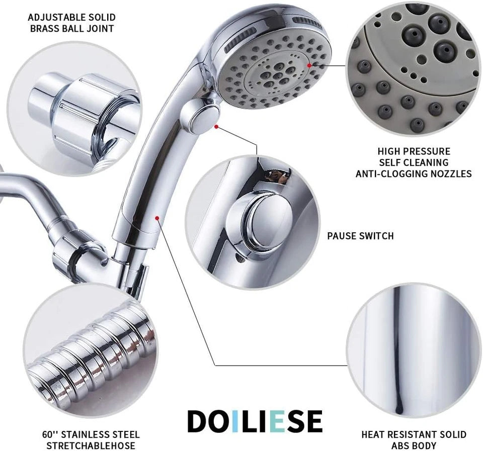 High Pressure 6 Setting Chrome Face Handheld Shower with 5ft Hose