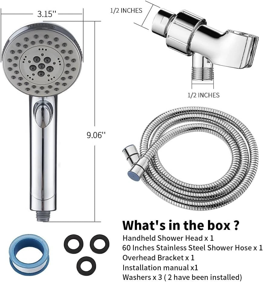 High Pressure 6 Setting Chrome Face Handheld Shower with 5ft Hose
