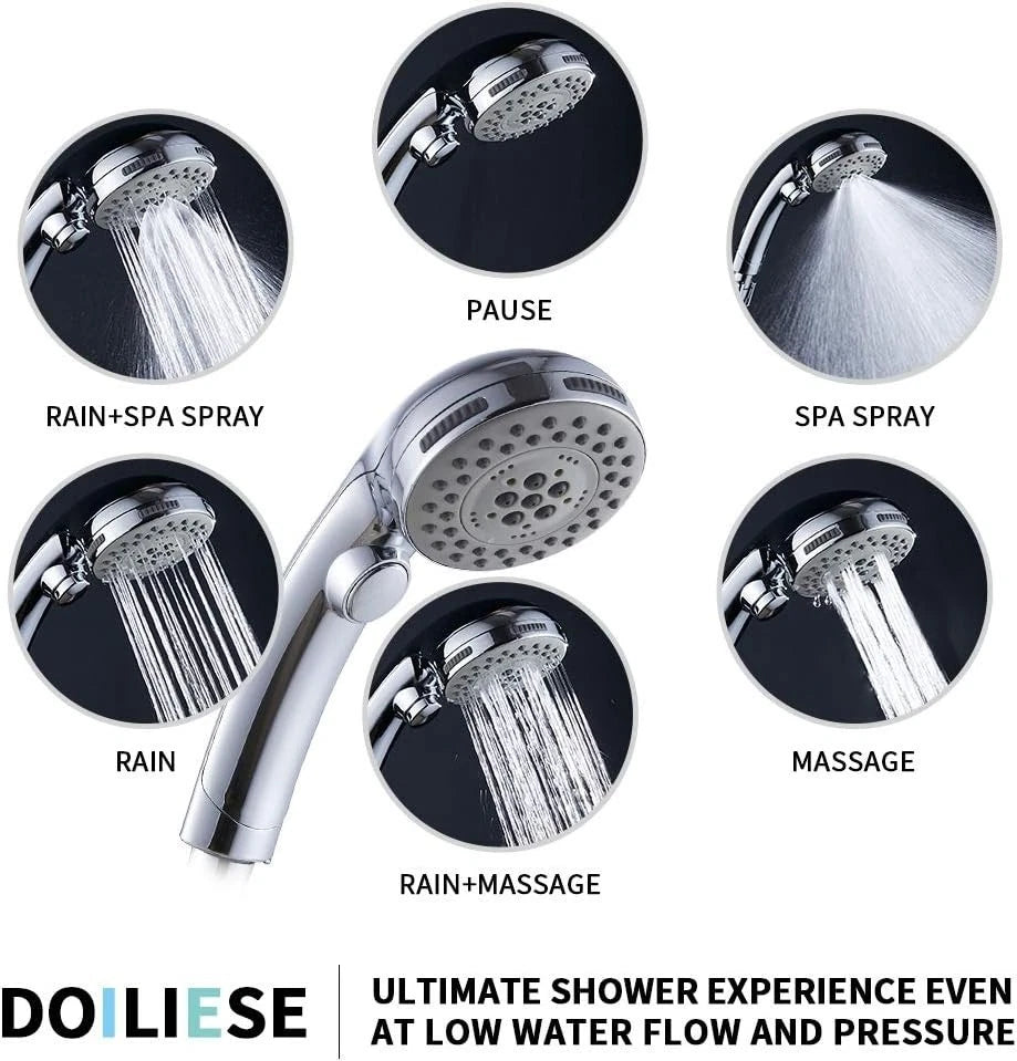 High Pressure 6 Setting Chrome Face Handheld Shower with 5ft Hose
