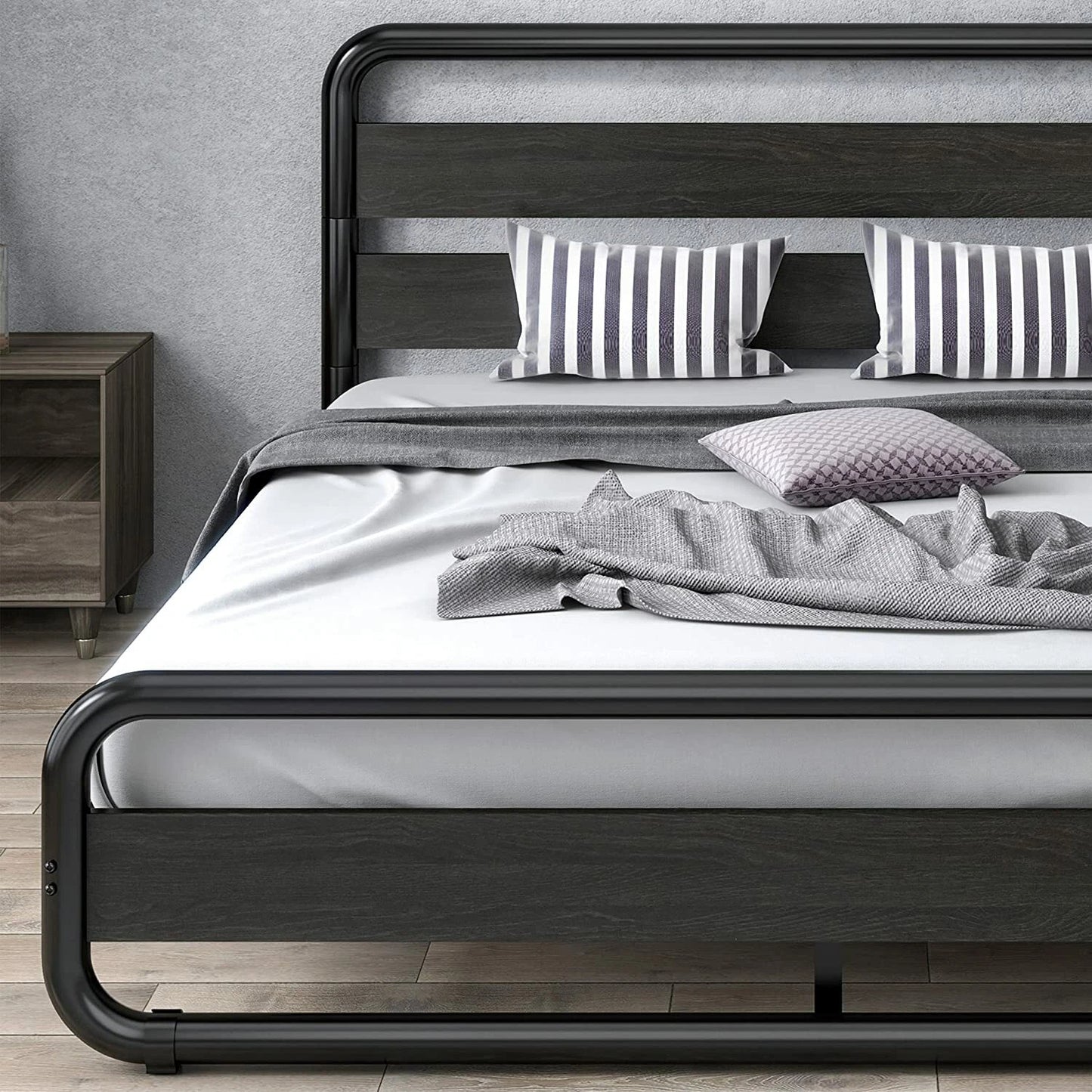 Heavy Duty Queen Size Metal Bed Frame with Wooden Headboard & Footboard, Black