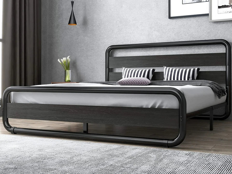 Heavy Duty Queen Size Metal Bed Frame with Wooden Headboard & Footboard, Black