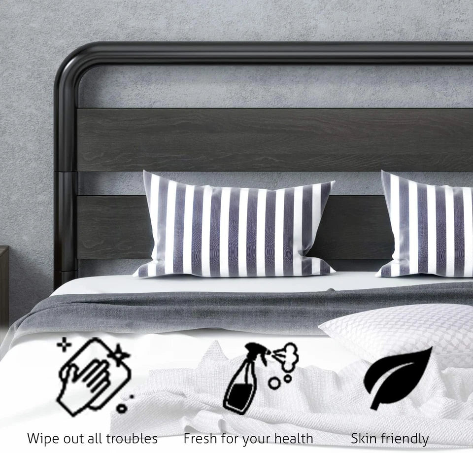 Heavy Duty Queen Size Metal Bed Frame with Wooden Headboard & Footboard, Black