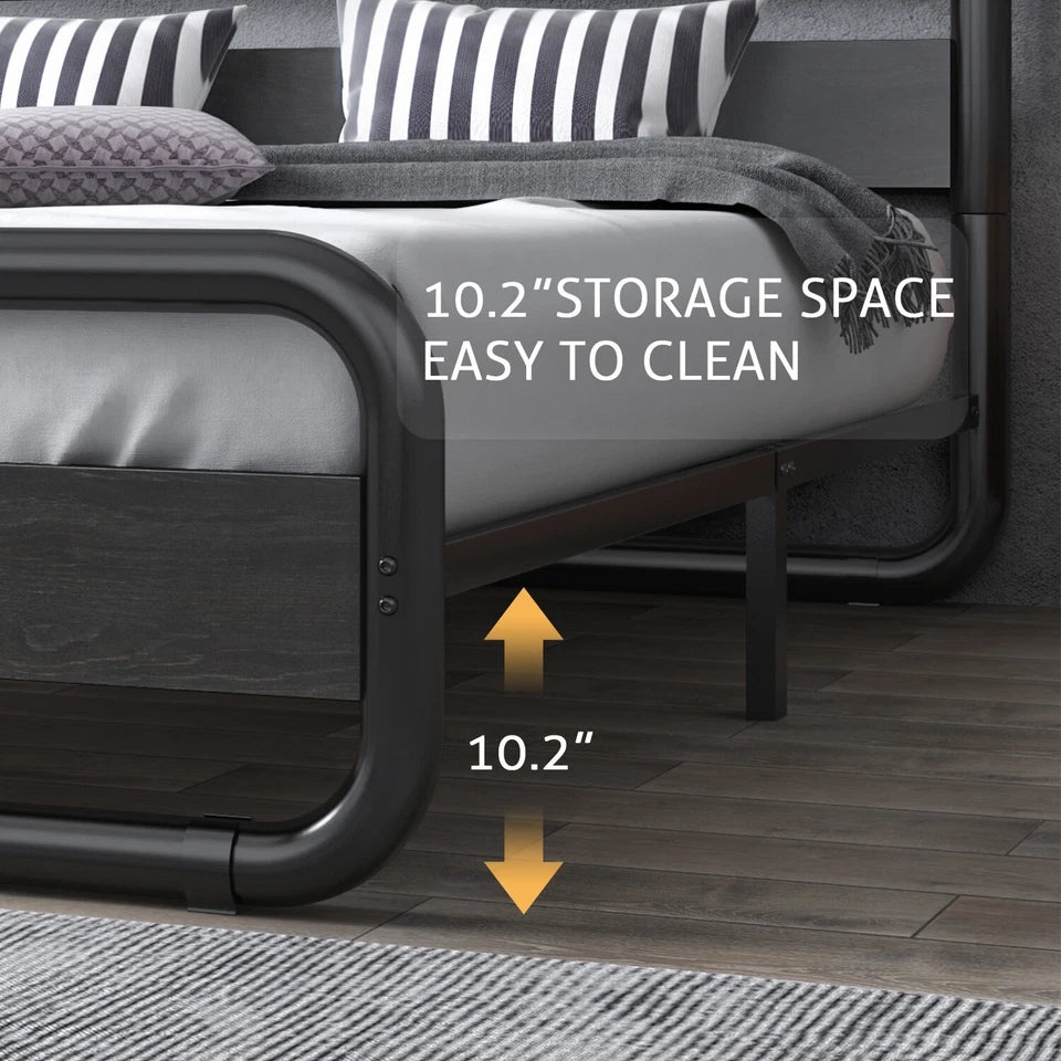 Heavy Duty Queen Size Metal Bed Frame with Wooden Headboard & Footboard, Black