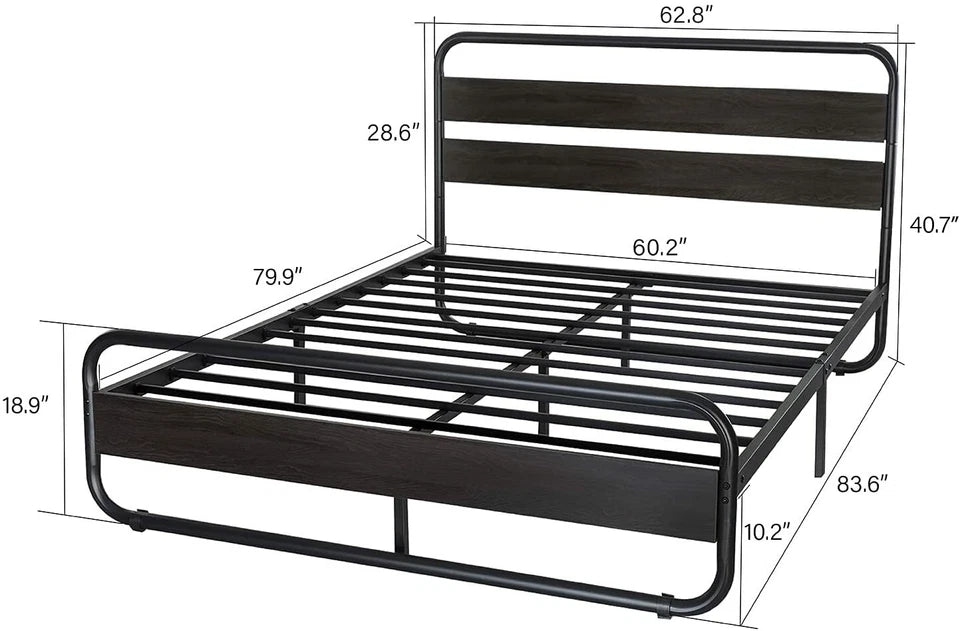 Heavy Duty Queen Size Metal Bed Frame with Wooden Headboard & Footboard, Black