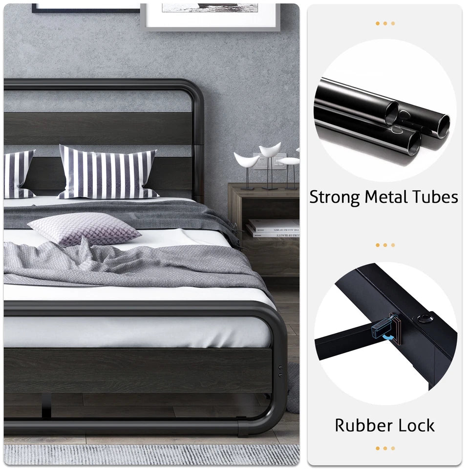 Heavy Duty Queen Size Metal Bed Frame with Wooden Headboard & Footboard, Black
