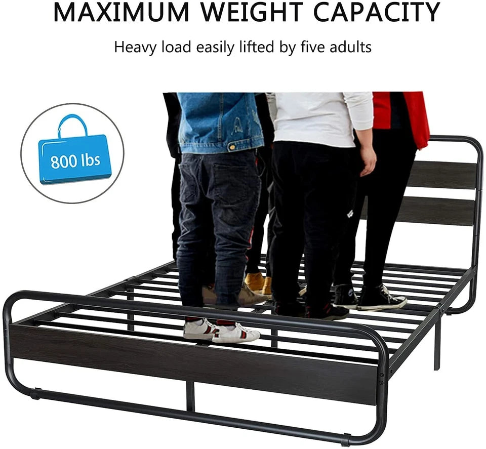 Heavy Duty Queen Size Metal Bed Frame with Wooden Headboard & Footboard, Black