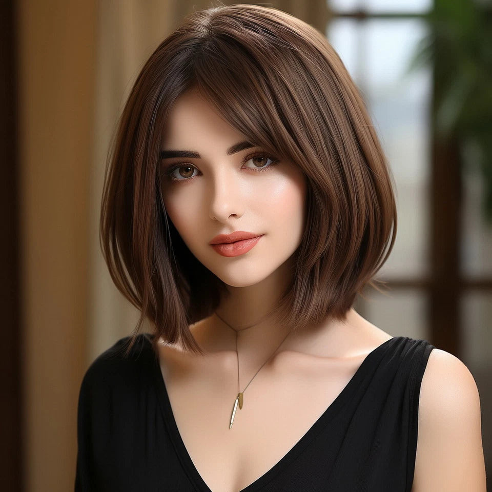 Women's Short Dark Brown Synthetic Wig Shoulder Length Daily Wear Hairpiece