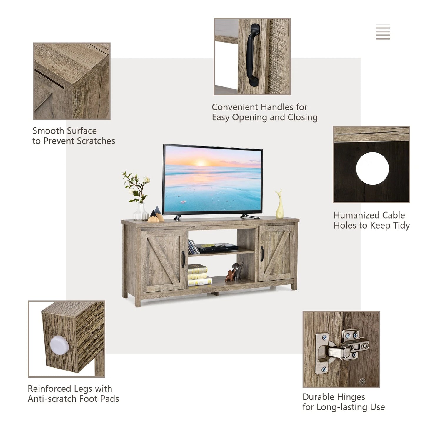 TV Stand Media Console Center 59" w/ Storage Cabinet for 65" TV Natural