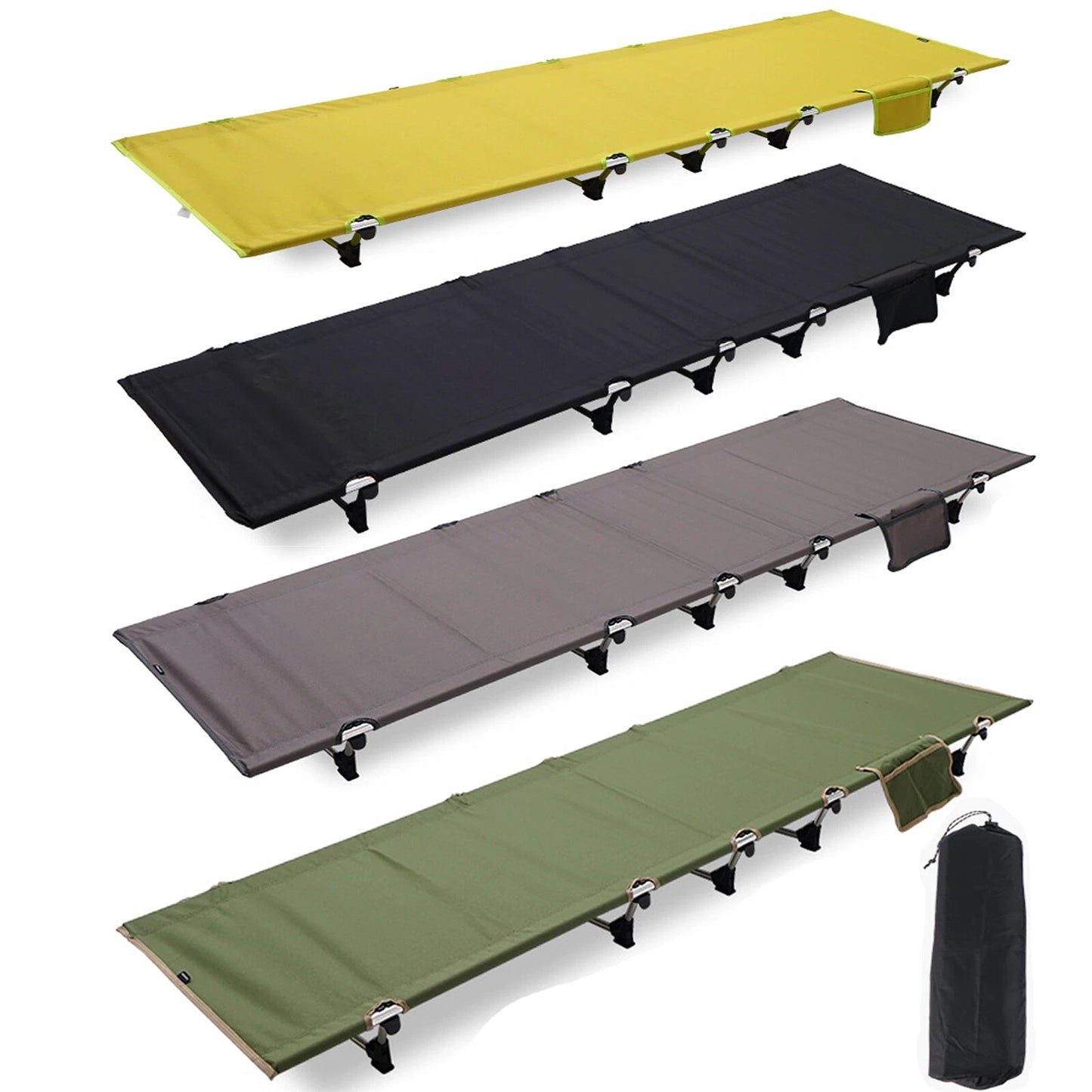 Ultralight folding camping cot with side pocket, portable outdoor sleeping bed for hiking and camping
