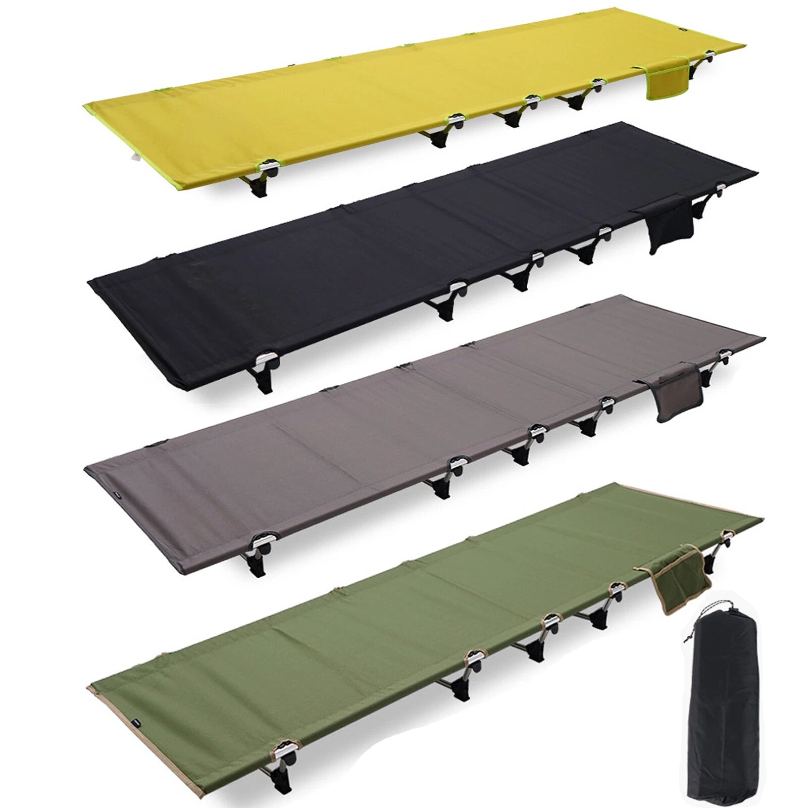 Ultralight folding camping cot with side pocket, portable outdoor sleeping bed for hiking and camping