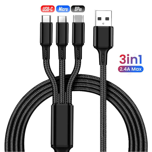 Universal 3 in 1 Fast USB Charging Cable Multi Function Cell Phone Charger Cord