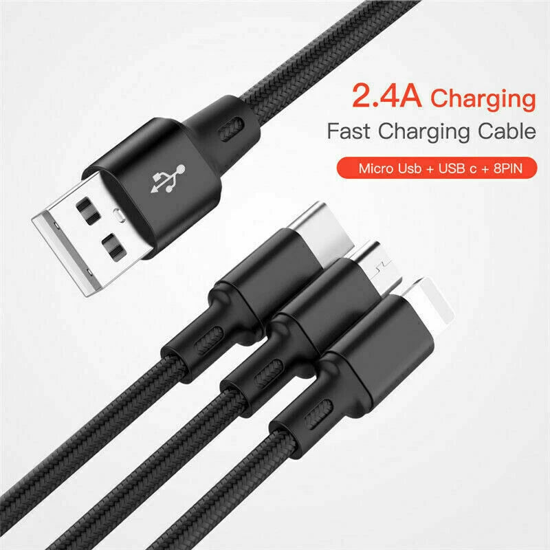 Universal 3 in 1 Fast USB Charging Cable Multi Function Cell Phone Charger Cord
