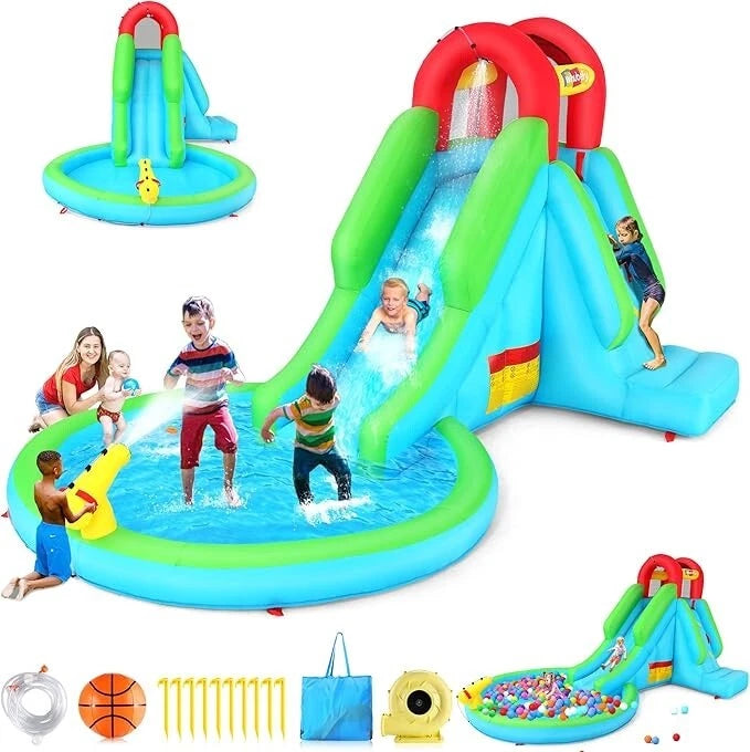 Water Slide Bouncer House, Inflatable Water Park with Air Blower & Water Cannon