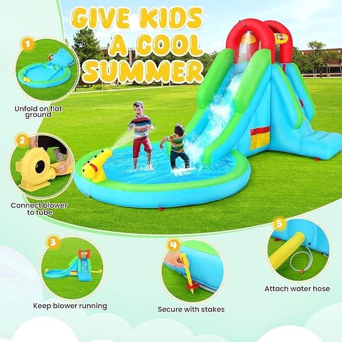 Water Slide Bouncer House, Inflatable Water Park with Air Blower & Water Cannon