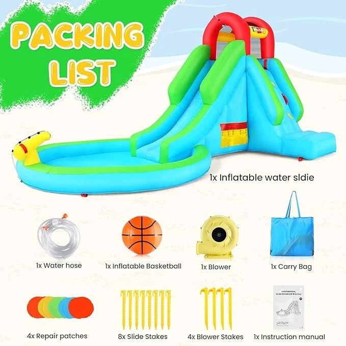 Water Slide Bouncer House, Inflatable Water Park with Air Blower & Water Cannon